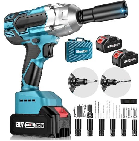 Seesii Llave de impacto inalámbrica de 1,27 cm, pistola de impacto sin escobillas, par máximo de 479 pies-libras (650 Nm), 3300 RPM con 2 baterías 4.0, 6 enchufes, 9 taladros, 6 tornillos,