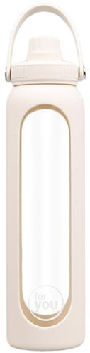 for you Hydroline Glas-Trinkflasche light beige 1000 ml - Innovativer Deckel mit Doppel-Öffnung - aus Glas mit Silikonhülle & Zeitmarkierung - Spülmaschinenfest & BPA-frei - geeignet von -20°C – 150°C