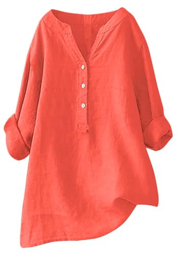 Camisas de lino 2025 para mujer, con botones, asimétricas, de algodón, para verano, casual, lindo, manga 3/4, manga enrollada, ropa de club occidental, cuello en V, color liso, naranja, 3XL
