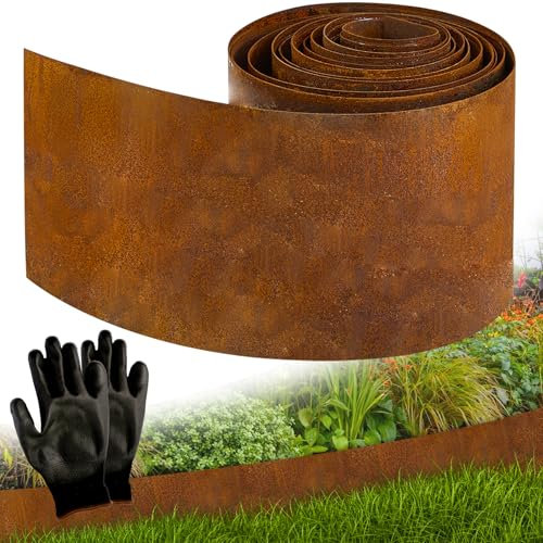 Vehipa Cortenstahl - Bordo per prato in acciaio corten, lunghezza 5 m, altezza 14 cm, bordo per prato in acciaio corten, con griglia inclusa 1 paio di guanti, bordatura per aiuole, bordo per giardino