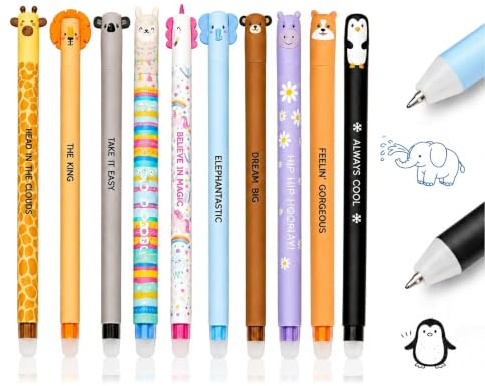 Lot de 10 Stylos Effaçables Gel Kawaii Animaux, Encre Thermosensible avec Gomme Intégrée, 5 Bleus et 5 Noirs, Pointe 0,7 mm, Stylos pour École, Devoirs, Cahiers et Cadeau
