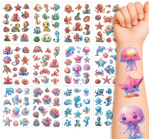Havsdjur glitter tatuering barn, 12 ark havs-glittertatueringar barnset, 200 stilar barntatueringar för flickor pojkar, tatueringar glitter lycka spel för födelsedag barns födelsedag födelsedagsfest