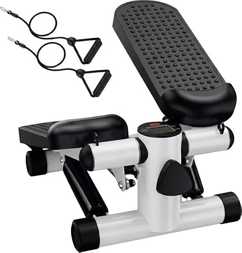 Fitby Mini Stepper Fitness avec Bandes de Résistance et Écran LCD - Stepper Escalier Compact à Hauteur Réglable, Pédales Antidérapantes, Charge Maximale 100 kg, Blanc