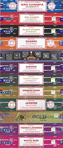 Satya Nag Champa, Red Champa, Black Champa, Champa, Super Hit, Darshan, Neem Forest, Arabischer Moschus, Jasmin, Gold, Französischer Lavendel, Mystic Rose, 12 Stück