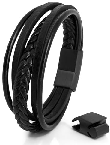 Akitsune Pax läderarmband | armsmycken kvinnor män magnetiskt armband – silver matt svart, 18 centimeters, Läder