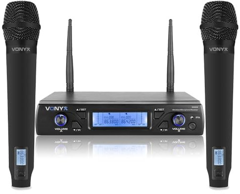 VONYX WM62 Handheld Wireless Microphone System, Set of 2 UHF Mics with 16 Selectable Channels, IR Sync, XLR and 6.3mm Outputs for PA, Stage & Events