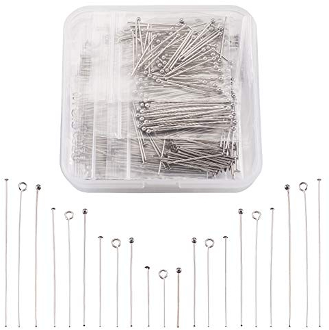 Cheriswelry 720 Stück Edelstahl-Kopfstifte mit offenen Ösen, Kugelkopfstifte, Flachkopfstifte, 4 Größen für Schmuck-Ohrringherstellung