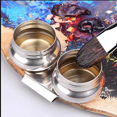 Stainless Steel Palette Cup Large Mouth Double Dipper Painting Oil Pot | Artists Palette Clip Cup Container, Megilp Turpentine Solvent Container with Lid for Watercolor Acrylic Oil Painting, Silver