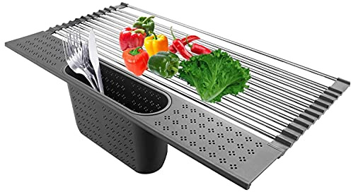 Piletta lavello, piletta lavello ribaltabile, scolapiatti inox con cestello posate, per asciugare frutta e verdura e piatti. (black,44 * 28cm)