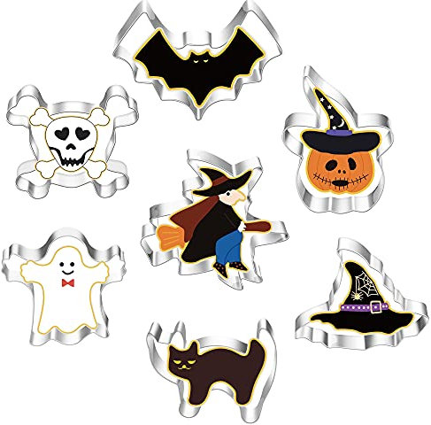 Halloween Ausstechformen 7 Stück, Ausstecher Halloween Set Kinder, Edelstahl Plätzchen Ausstecher, Keksausstecher Halloween, Ausstecher zum Backen - Kürbis, Fledermaus, Geist, Katze, Hexe, Hut