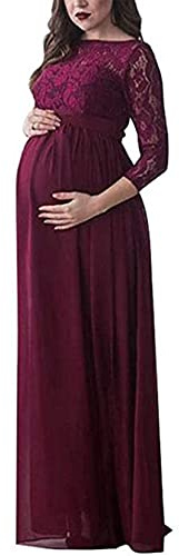 FIUWAND Vestito da maternità Abito Premaman Tinta Unita Vestito Maxi Elegante in Pizzo Cerimonia per Le Donne Incinte da Fotografia (Rosso, L)