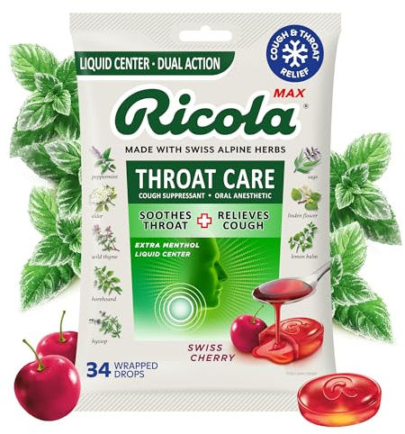 Ricola Max Swiss Cherry Throat Care Large Bag | Cough Suppressant Drops | Dual Action Liquid Center | Soothing Long-Lasting Relief - 34 Count (Pack of 1)