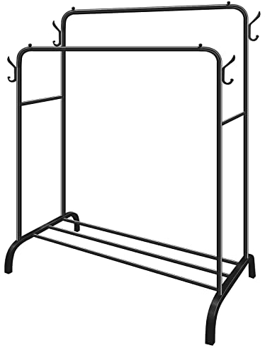 Metall Kleiderstange kleiderständer stabil,Doppelstange Strapazierfähig mit 1 Etagen-Ablagefläche und 4 seitlichen Haken,Freistehender Kleiderständer,Mehrzweck-Organizer,Schlafzimmer,Schwarz