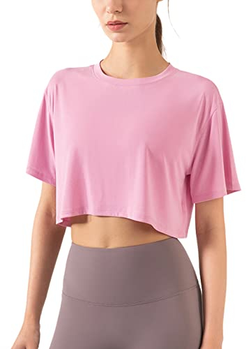 Damen Fitness Trainieren Crop-Tops Kurzarm Yoga T-Shirts Sportlich Betrieb Sport-Shirts Rosa M