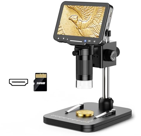 LP043H - Microscopio digitale con HDMI, Leipan 1000X LCD per adulti, lente d'ingrandimento per monete da 1080p, per scattare foto/video con 8 LED, compatibile con Windows, Mac e TV, scheda SD da 32 GB