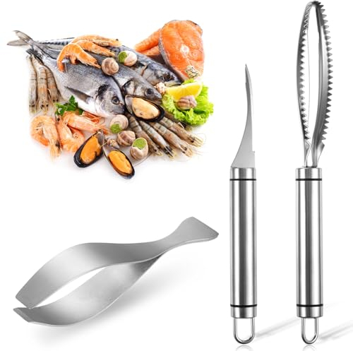 KWJEIULSOQ 3 Stück Fischentschupper Fischschuppen Entferner Grätenzange für Fisch,Abgerundete Griff Küchenhelfer Scaler Schaber Grätenzange Profi Fisch Entschupper Fischschaber für Küche Fisch