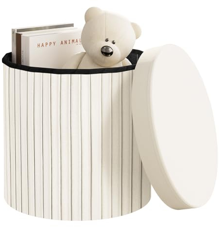 WOLTU Hocker rund, Sitzhocker mit Deckel, Sitzbox mit Stauraum, Polsterhocker faltbar, Aufbewahrungstruhe gepolstert, aus Velvet MDF, φ38xH36 cm, Creme