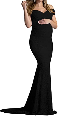 Vuncio Robe Long Grossesse Chic Et Elegant Manche Courte Col en V Robe à épaules Dénudées Enceinte Pas Cher Robe Maternité Fête Soirée Mariage Cérémonie Shooting Photo (Black, M)