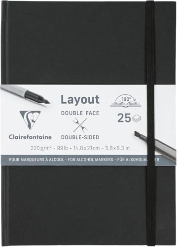 Clairefontaine 975342C Carnet Layout Double-Face Ouverture à Plat - 25 Feuilles Papier Dessin Blanc Extra Lisse A5 14,8x21 cm 220g - Idéal pour le Dessin au Feutre à Alcool, Encre de Chine et Line Art