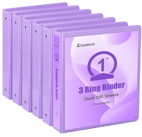 COMIX Standard 3 Ring Binder 1 inch with Clear View Cover, 1 Round Ring View Binder Holds 200 Sheets of US Letter Size Paper for School Office Supplies, 6 Pack (Pale Purple)