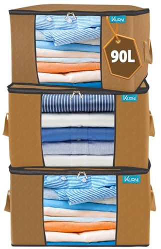KURNI Storage Bags | Clothes Organizer Boxes, Foldable 3 Pack Tan, 90L Capacity, 3 Sided Zipper Moving Large Bag. Dust & Moisture Proof