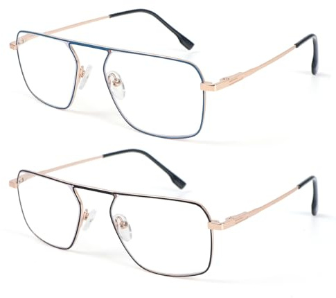 MMOWW 2er-Pack Lesebrille Herren Blaulichtfilter Metallrahmen Rechteck Computer Lesebrillen (Schwarz+Blau, +1.5)