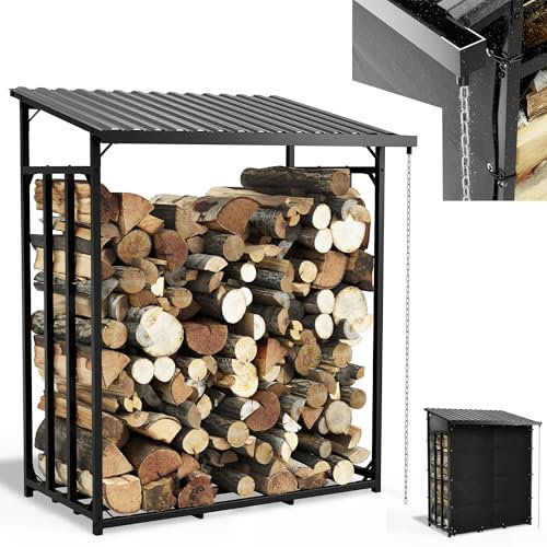 Onbest Innovation, Brennholzregal mit Regenrinne, Regenkette und Wetterschutz – Kaminholzregal Metall mit Dach für außen – in 2 Größen – Stapelhilfe – Holzlager (135x70x165 cm)