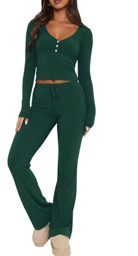 LACOZY Women's Lounge Set V Neck Outfits Button Down Shirt Long Sleeve Crop Top Sexy Knit Pajama 2 Piece Jogger Set Pjs Pants Fall Clothes Green M