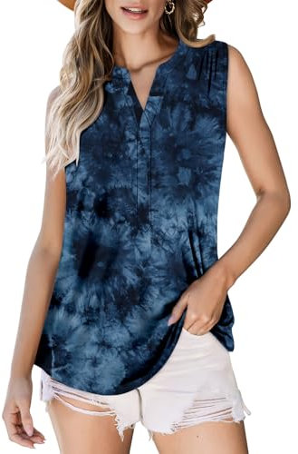 Vest Tops for Women Basic V Neck Tank Tops Casual Summer Henley Flowy Short Sleeve Shirts Loose Elegant Blouse Blue X-Large, 18-20