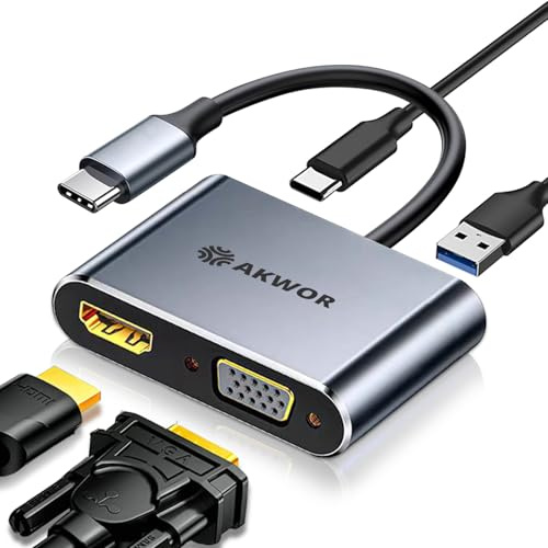 USB C to HDMI VGA Adapter for Dual Monitor, 4 in 1 USB C Hub with 4K HDMI, 1080P VGA, USB 3.0 5Gbps, 100W PD, Laptop Docking Station Compatible for MacBook Air/Pro, Dell XPS, Surface, iMac More