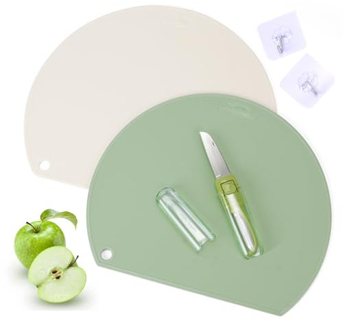 KIMIGO 2x Tagliere Flessibile in TPU,Taglieri Cucina,Senza BPA,Antiscivolo e Facile da Pulire e Antibatterico,Foro,con Lcone Alimentari Double-Face,Lavabile in Lavastoviglie(Verde e Crema)