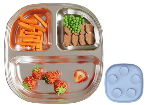 Chaies Assiettes pour Tout-Petits - Assiettes Anti-Glisse pour Tout-Petits avec Séparateurs - Vaisselle Réutilisable en Acier Inoxydable avec Ventouse - Couverts Anti-Dérapants pour Maison, Voyage et