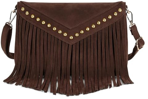 KouLi Buir Boho Western Fringe Purse for Women Double Velour Suede Crossbody Tassel Hobo Bag with Adjustable Strap(Coffee)