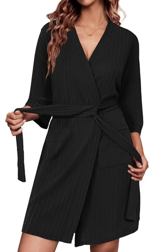 Ekouaer Albornoces de Mujer de Punto Acanalado Manga 3/4 Sexy con Bolsillos | hasta la rodilla, cuello en V, con cinturón,spa & playa, para estar en casa & dormir, para bodas & fiestas