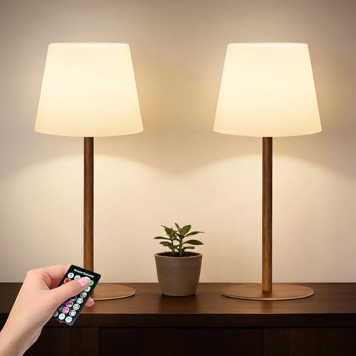 Heromind Lampara de mesa inalámbrica Pack de 2 con mando, recargable USB-C, IP64, temporizador 1–4 h, luz blanca + RGB, regulable 5–100%, 2 alturas 27/41 cm, Modelo Cónico
