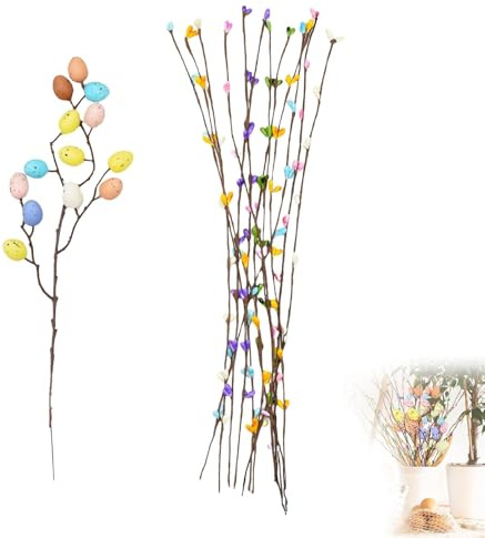 Rami Pasquali Decorativi con Uova Colorate – 1 Ramo con Uova + 12 Rami Decorativi Colorati, Decorazioni Pasqua per Vaso, Centrotavola Pasquale per Tavolo, Salotto e Casa Primavera