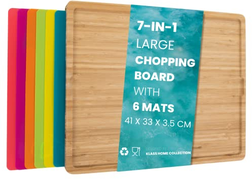 Klass Home Collection 7 in 1 Large Wooden Chopping Board Set with 6 Coloured PP Mats, Contamination Free Bamboo Cutting Boards for Kitchen with Integrated Plastic Mats for Cutting & Serving