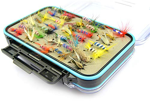 Fliegenfischen Zubehör, RoseFlower Professional Trocken Angel-Fliegen Kunstköder Set Trockenfliegen Fliegenköder Fliegenfischen Köder Set mit Wasserdichte Box für Zander Bass Fischbarsch Lachs Forelle
