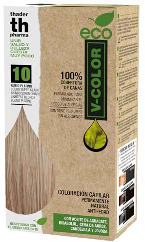 Thader Th Pharma ECO V-Color Kit de Coloración Capilar Permanente sin amoniaco 100% cobertura de canas, 120 ml (No. 10 Rubio platino)