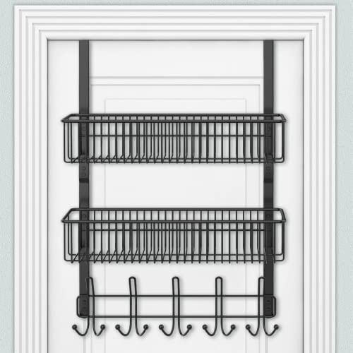 Türhaken Zum Einhängen 15 Kleiderbügel Hakens mit 2 Mesh Korb über Tür Lagerung Rack, Kleiderhaken Tür, Schwarzer Korb für Garderobenhaken Tür Aufhänger, hängeregal Bad, hängeregal küche