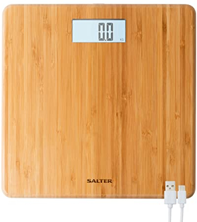 Salter 9294 WD3REU16 Eco FSC elektronische Bambus-Personenwaage, gut lesbare Anzeige mit Hintergrundbeleuchtung, USB Ladekabel, max Kapazität 150kg, imperial/metrisch, umweltfreundlich Körperwaage