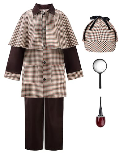 ReliBeauty Costume da Detective Sherlock Carnevale con Cappello, Pipa Fumogena, Papillon, Lente di ingrandimento 10 Anni(130cm)