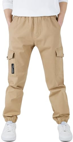 CAMLAKEE Pantaloni per Bambini, Pantaloni Cargo Joggers con Elastico in Vita, Beige, 14-16 Anni