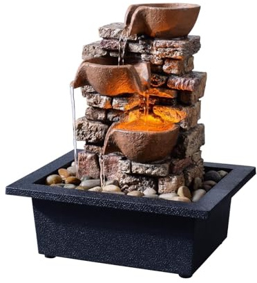 Haobos Indoor Tabletop Fountain 3-Tier Rockery Relaxation, Soothing Sound Home/Office/Bed Room Decor,Gifts for Mom/Grandma Relaxing Waterfall Meditation Tabletop Fountain LED Lights