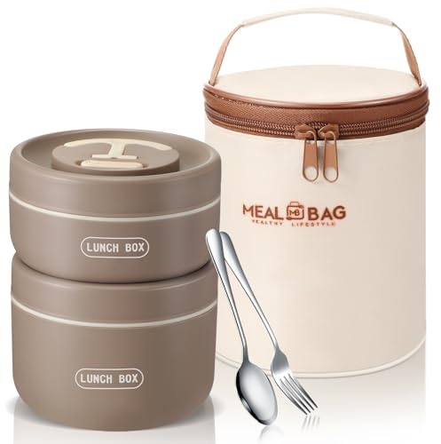 Dandat 2 Pcs Insulated Lunch Containers Thermal Bento Box with Bag Fork Knife Microwavable Stainless Steel Lunch Box 15.2 oz 21 oz Separate Stackable Thermal Food Jar for Adult Men Women(Khaki)