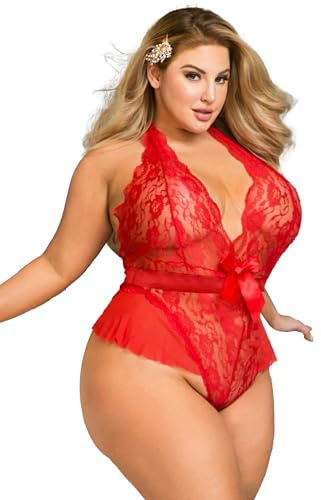 ohmydear Body Femme Dentelle Grandes Tailles Lingerie Sexy Transparent sous-vêtements Décolleté en V Dos Nu Licou Teddy Babydoll Nuisette Tenue Sexy Femme Hot Jumpsuit