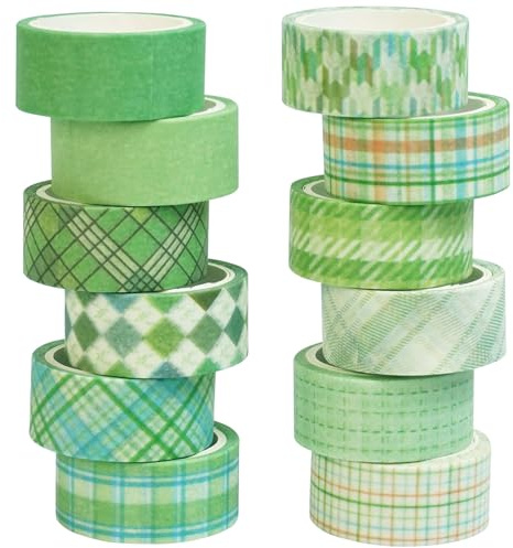 YUBX 12 rotoli Griglia Washi Tape Set Nastro Decorativo per Fai da Te, diari proiettili, pianificatori, Scrapbooking, Confezioni (verde)