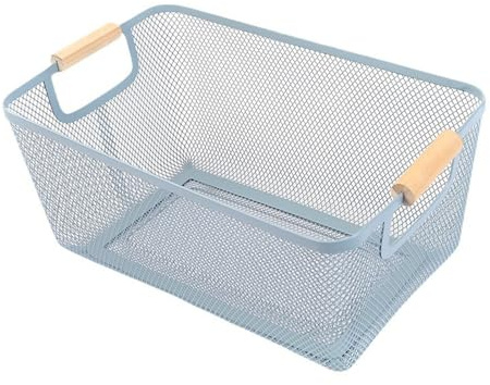 AJIODA Metal Mesh Steel Basket, Large Wire Storage Organizer Basket Multi-function Hanging Kitchen Baskets with Wood Handle for Kitchen Bathroom Picnic Home, Rectangle-Blue