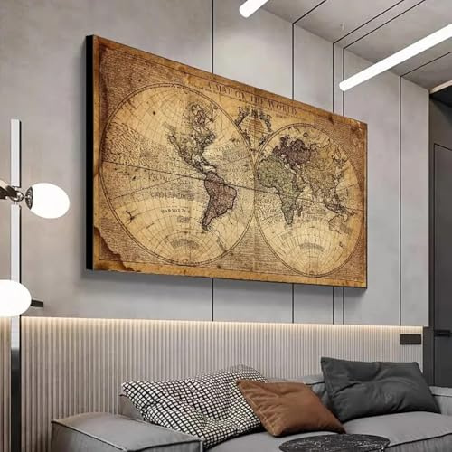 Mapa vintage del mundo, cuadro antiguo retro, pintura en lienzo para sala de estar, impresiones de carteles, decoración de arte de pared para estudio en casa, 80x160cm sin marco