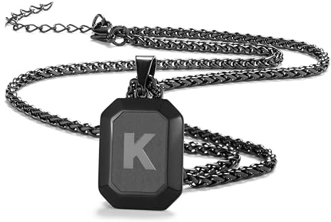 Initial A-Z Necklace for Men Boys, Stainless Steel Black Square Letter Pendant Chain for Mens, 20+2 Inch Wheat Chain Alphabet Monogram Dog Tag Necklaces Fathers Day Dad Gifts Jewelry Gifts(K)